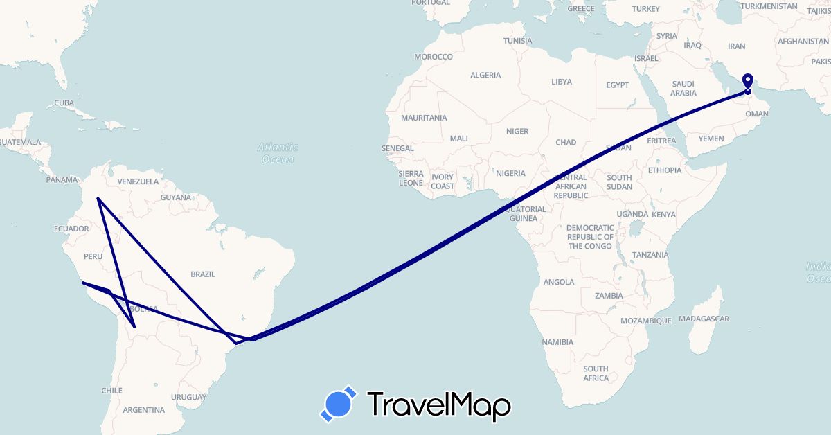TravelMap itinerary: driving in United Arab Emirates, Bolivia, Brazil, Colombia, Peru (Asia, South America)